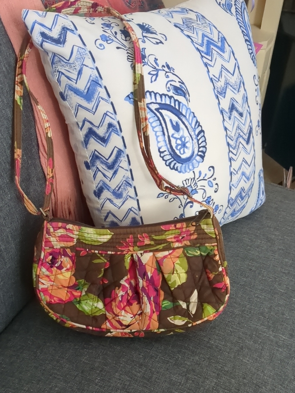 Vera Bradley Quilted Floral Crossbody in Brown, Pink and Green